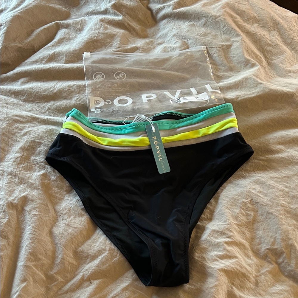 Popvil Women's Black Bikini Bottom with Green and Yellow Accents